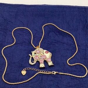 Gold toned Enameled & Rhinestoned Elephant 28” + 2” extension Necklace
